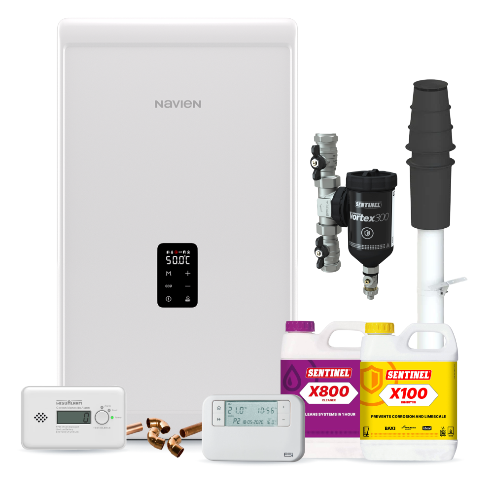 Navien NCB 300 30kw Combi Pack inc Vertical Flue, Filter, chemicals, controls, CO Alarm and fittings pack