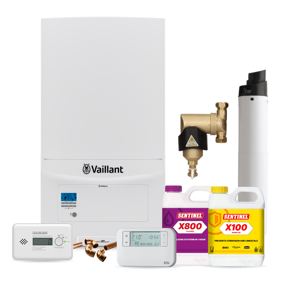 Vaillant ecoFIT Pure 825 25kw Combi Pack inc Flue, Filter, chemicals, controls, CO Alarm and fittings pack