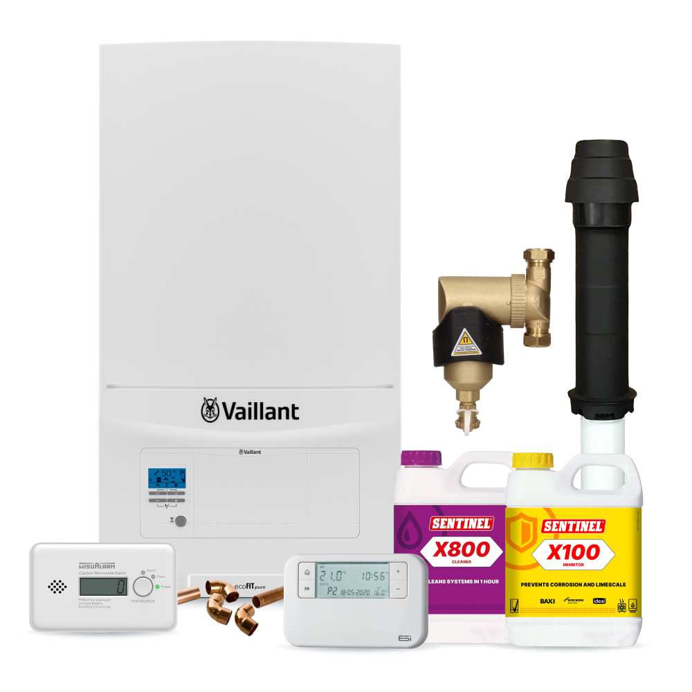 Vaillant ecoFIT Pure 830 30kw Combi Pack inc Vertical Flue, Filter, chemicals, controls, CO Alarm and fittings pack