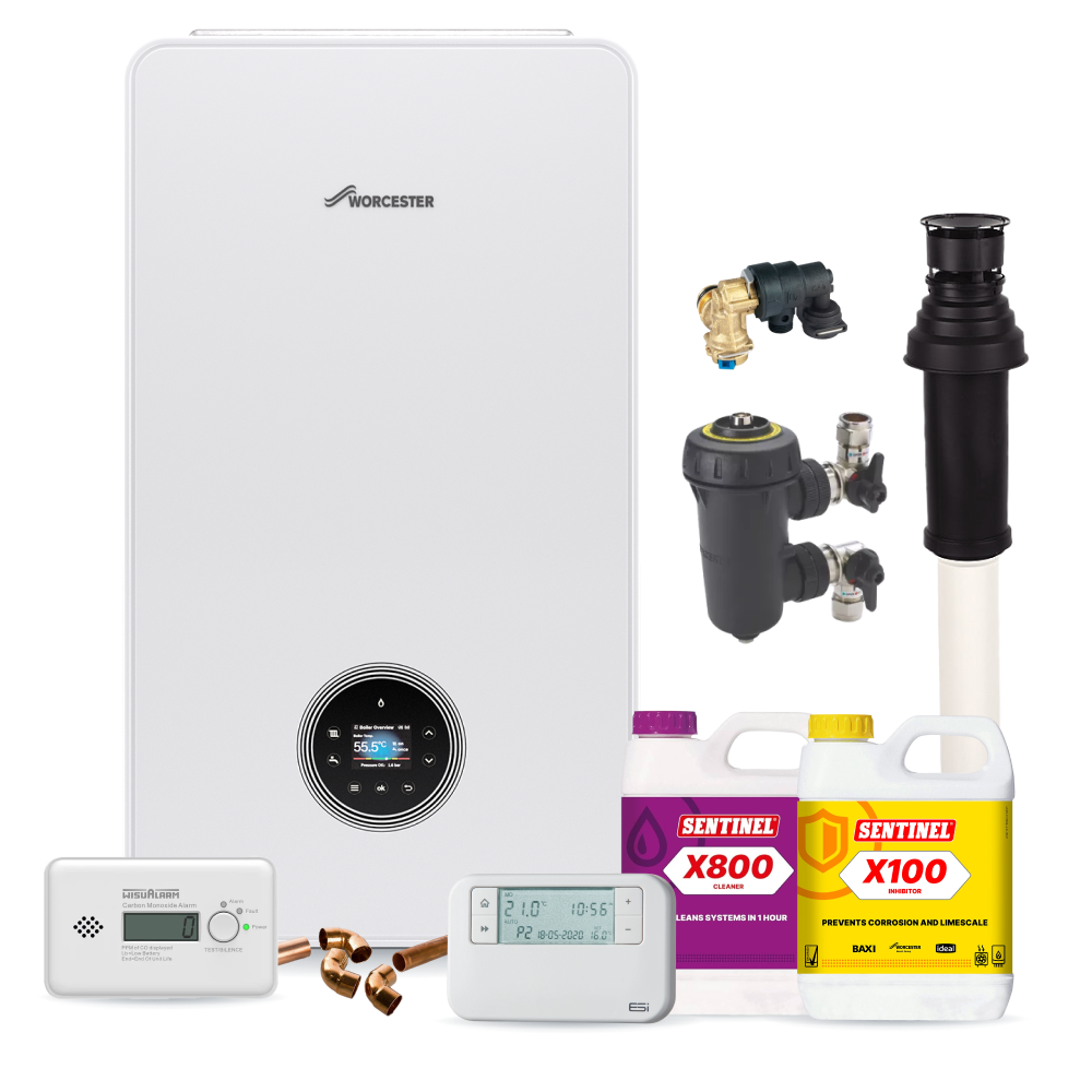 Worcester Bosch Greenstar 4000 25kW Vertical Flue Pack, Filter, chemicals, controls, CO Alarm and fittings pack