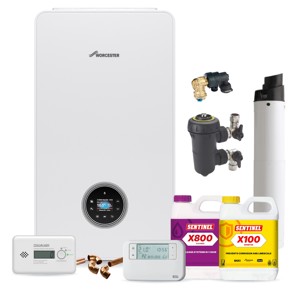 Worcester Bosch Greenstar 4000 25kw Combi Pack inc Flue, Filter, chemicals, controls, CO Alarm and fittings pack